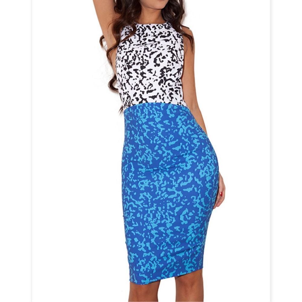 NEW House Of CB Lamour White Printed Stretch Pencil Dress White Black Blue sz XS